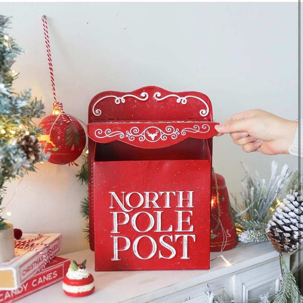 Red Distressed Metal Letters to Santa North Pole Post Wall Mount Mailbox - Picture 3 of 6